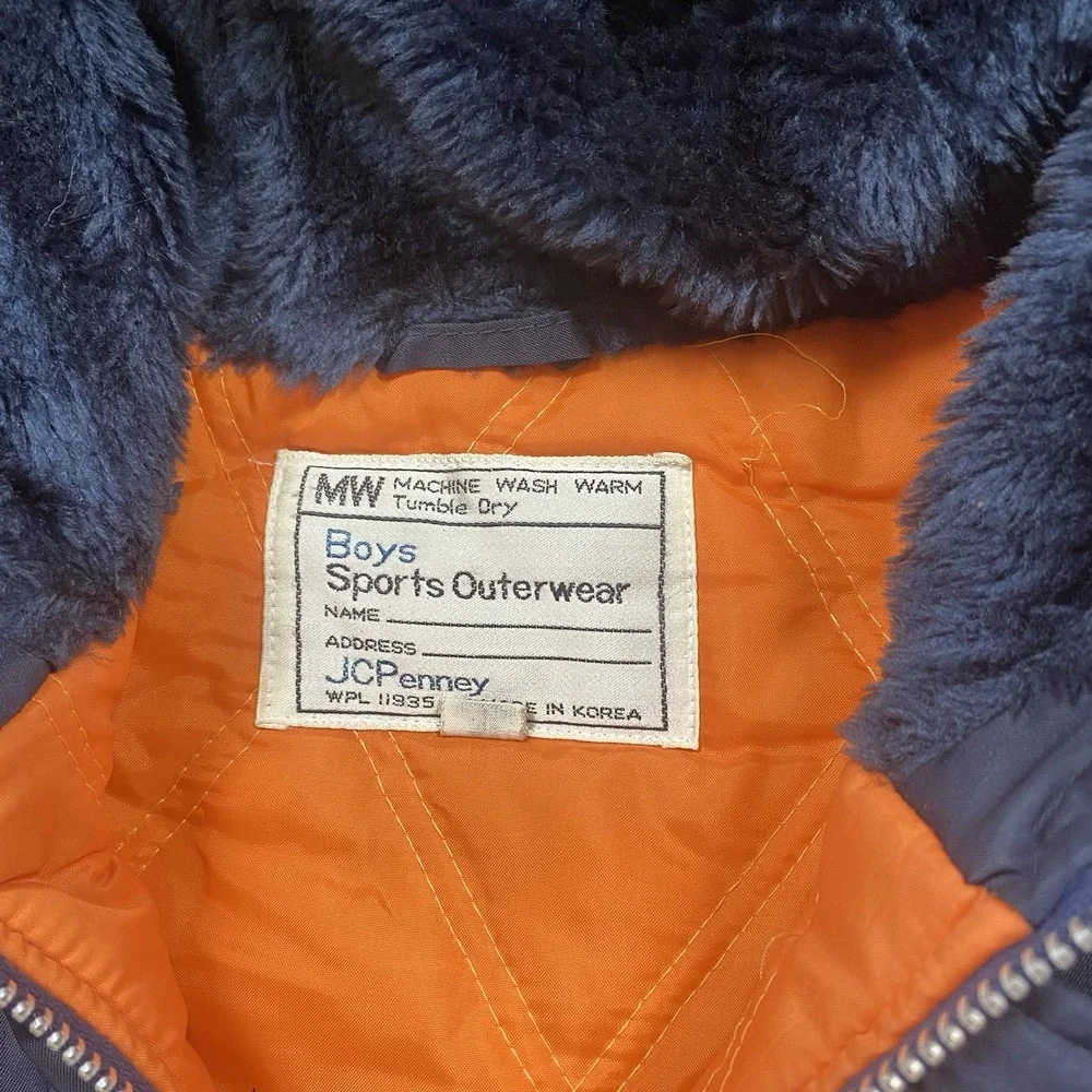Vintage JCPenney Boys N-3B Parka Jacket Navy Blue Faux Fur Hood XL 18-20
